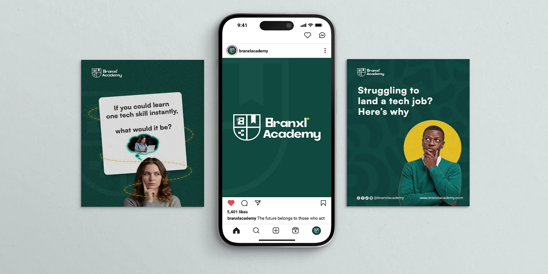 Branxl Academy mobile app and social media designs