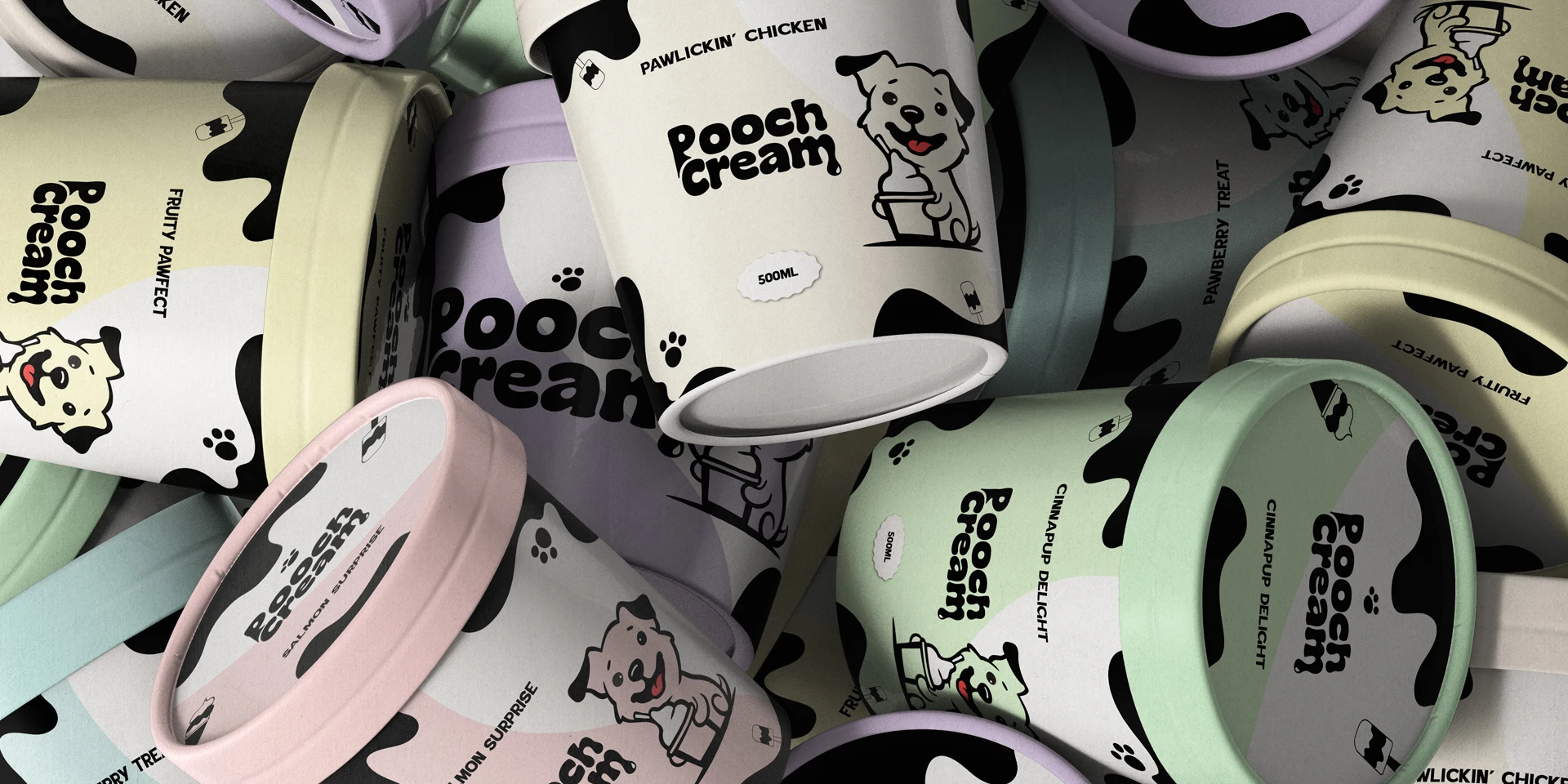 Pooch Cream tub packaging across pawlickin' chicken, barkana berry, cinnapup delight and fruity pawfect flavours