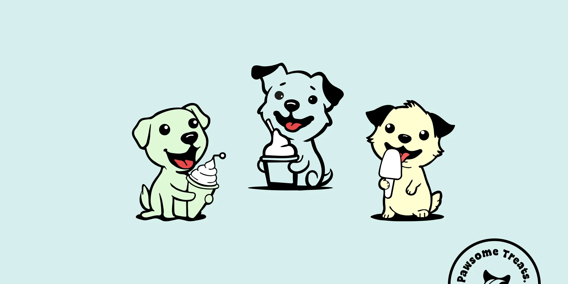Three Pooch Cream mascot dog illustrations holding ice cream treats